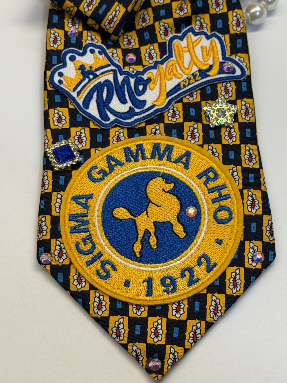 Sigma Gamma Rho Sorority Poodle Patch Decorative Tie  Necklace - Navy & Gold - Picture 2 of 6